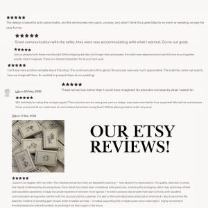 May include: A collection of customer reviews for an Etsy shop, featuring five-star ratings and written feedback. The image includes the text OUR ETSY REVIEWS! and a small photograph showing several white matchboxes with black line art illustrations.
