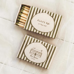 Bespoke wedding matchbox with red monogram, floral border, couple’s names and wedding date printed on textured paper.