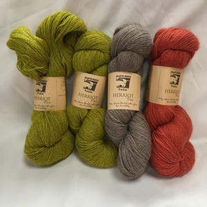 Può includere: Quattro gomitoli di filato nei toni del verde, grigio e arancione. Ogni gomitolo è avvolto con un'etichetta di carta che recita "Herriot Fine" e "Juniper Moon Farm". Il filato è un materiale morbido e strutturato.