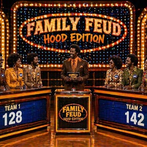May include: A game show set with the words "Family Feud Hood Edition" in a glowing sign. Two teams of five people each are seated at desks. The host stands in the middle, holding a card. Team 1 has a score of 128, and Team 2 has a score of 142.