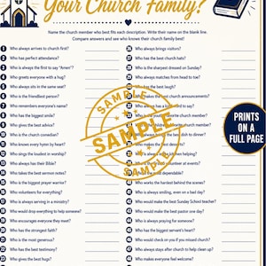Könnte beinhalten: Ein druckbares Spielblatt mit dem Titel How Well Do You Know Your Church Family? das eine Liste von 50 nummerierten Fragen mit Leerzeilen für Antworten enthält, verziert mit einem Kirchen-Icon, einer Bibel und einem goldenen Sample-Wasserzeichen.