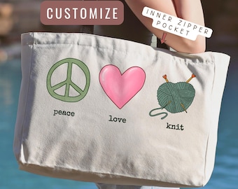 Peace Love Knit Tote Bag, Peace Love Knitting Tote Bag Gift, Knitter Bag, Knitter Tote Bag, Custom Knitting Canvas Tote Bag, Knitting Pouch