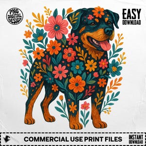 Rottweiler PNG, Rottweiler Clipart, Dog Png, floral Boho Dog, Flower Rottweiler, Sublimation Png, Digital Download floral dog png designs