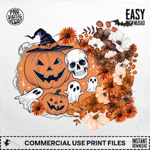 Halloween Png Floral Pumpkin Png Skull Png, Halloween Clipart, Sublimation Png, Digital Download PNG spooky season png pumpkin face png