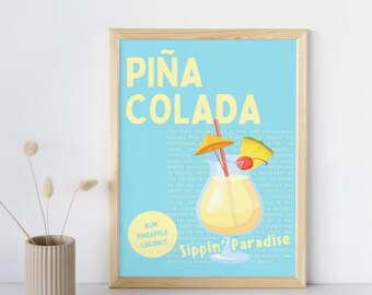Piña Colada Cocktail Wall Art | Tropical Drink Kitchen Bar Decor | Pina Colada Recipe Print | Summer Vibe Digital Download
