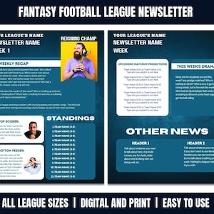 Plantilla de comisionado para boletín informativo de fútbol fantasy / Resumen semanal, clasificaciones y predicciones / Informe de liga editable en Canva de 4 páginas