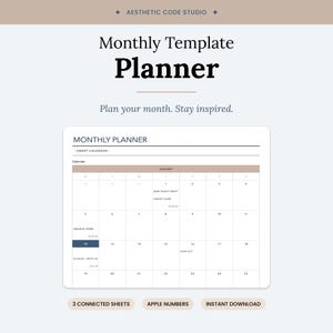 May include: A digital monthly planner template with a clean, minimalist design. The planner features a calendar layout with space for notes and appointments. The text "Monthly Template Planner" is displayed prominently, along with the phrase "Plan your month. Stay inspired."