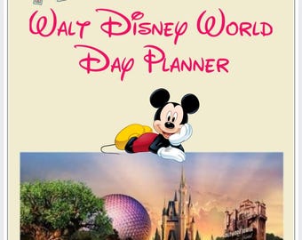 May include: A colorful image with the text "Walt Disney World Day Planner" in pink. Mickey Mouse is in the top right corner, leaning on his hand. The bottom of the image shows a picture of Cinderella's Castle, the Tree of Life, and Spaceship Earth. There is a small Mickey Mouse icon in the bottom center of the image.