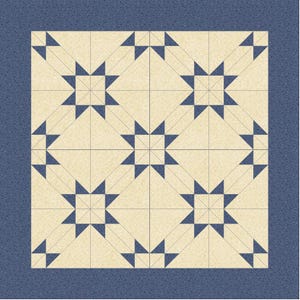 Puede incluir: Un diseño de edredón cuadrado con un patrón repetitivo de estrellas azules sobre un fondo crema. Las estrellas están dispuestas en una cuadrícula, con un borde azul liso. El edredón es probablemente hecho a mano y adecuado para una cama o un tapiz de pared.