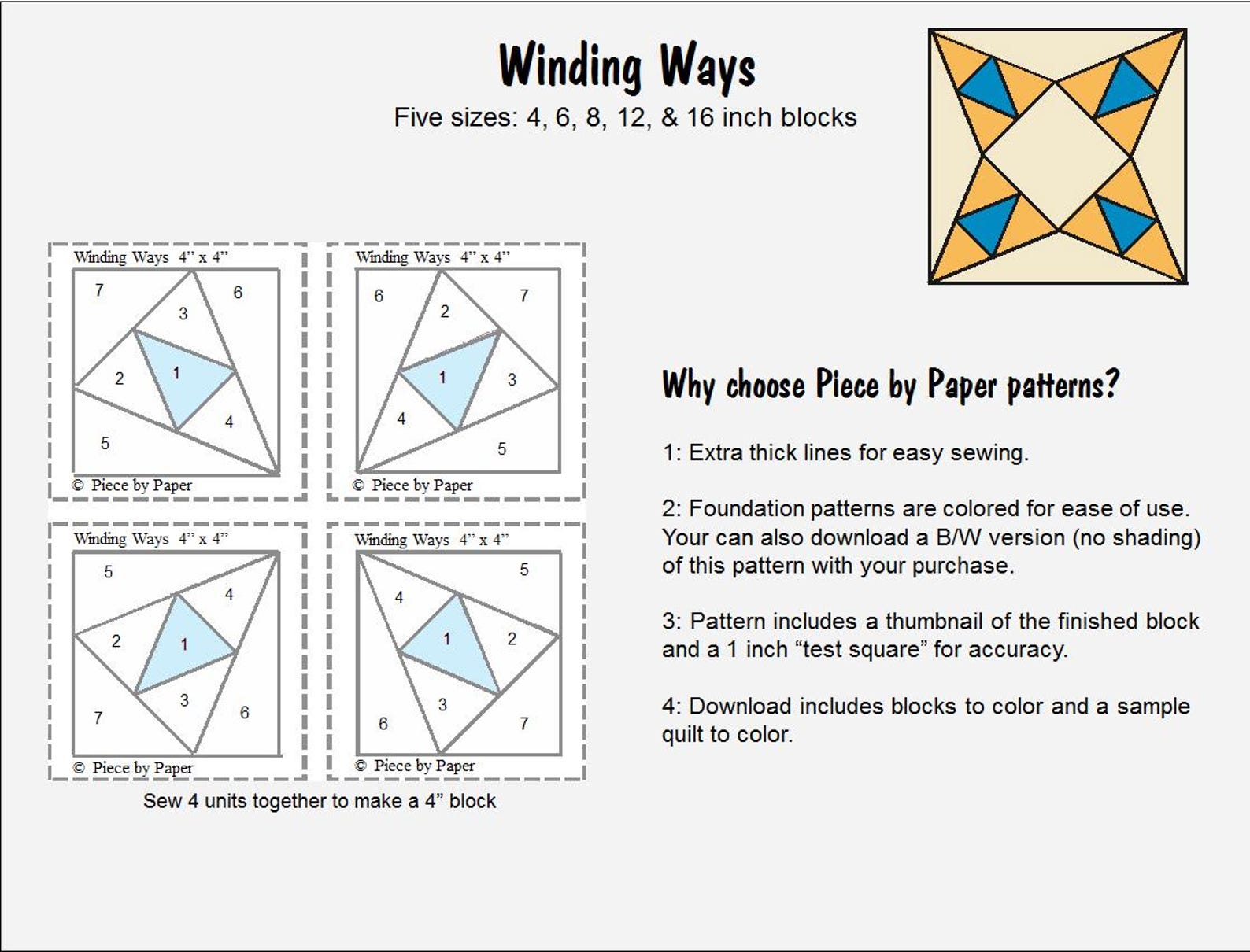 Winding Block Winding Ways Quilt Block Pattern: Foundation Paper Piecing (PDF ...