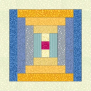 May include: A quilt block with a log cabin pattern. The block is made up of various shades of blue, yellow, and cream fabric. The center of the block is a solid red square.