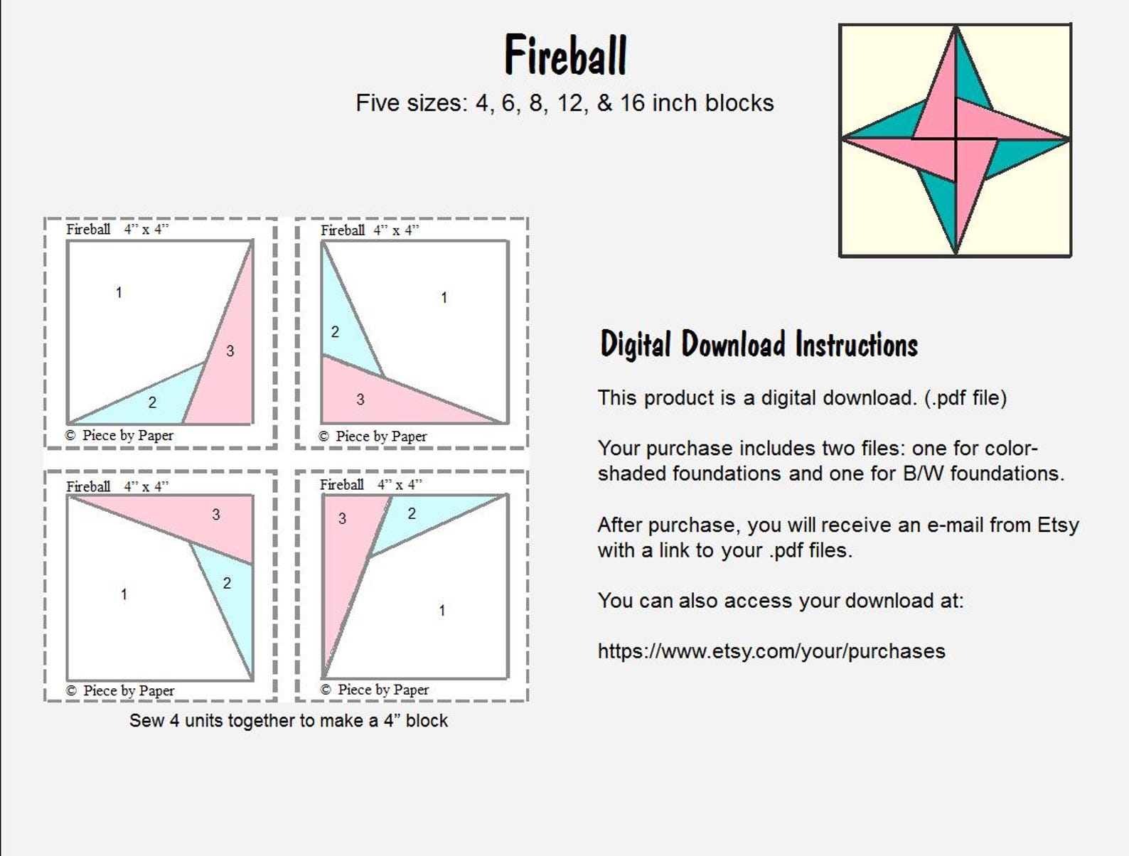 Fireball Quilt Block Pattern: Foundation Paper Piecing, 5 Sizes (PDF ...