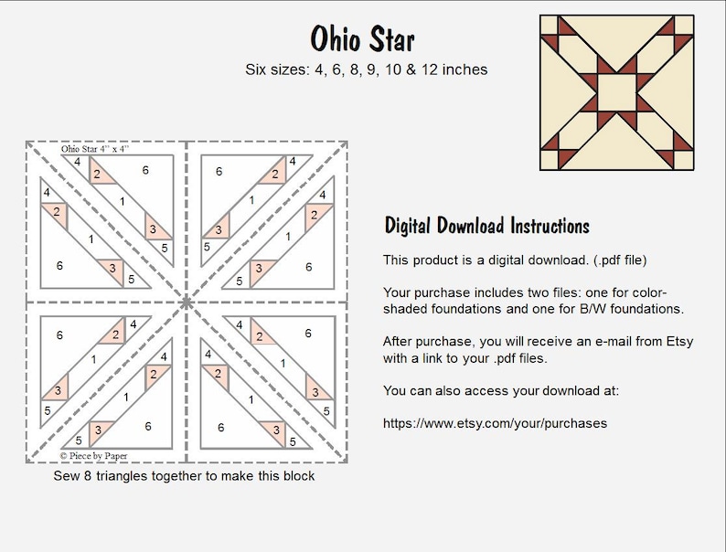 Ohio Star Quilt Block FPP Pattern: 6 Sizes (PDF Download) - Etsy