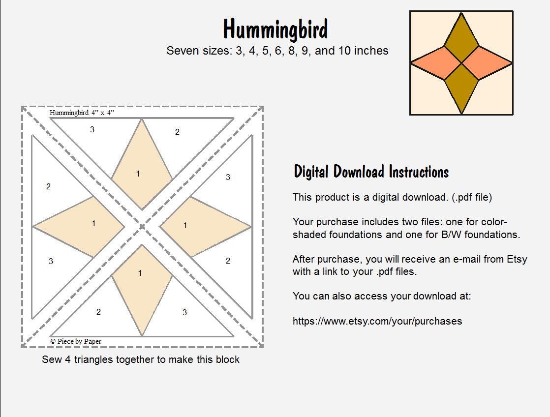 FPP Pattern: Hummingbird Block-- 7 Sizes, Foundation Paper-piecing ...
