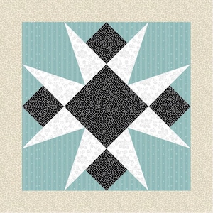 Pode incluir: Um bloco de colcha com um design de estrela preto e branco sobre um fundo azul claro. A estrela é composta por oito pontas e é cercada por uma borda azul claro com bolinhas brancas.