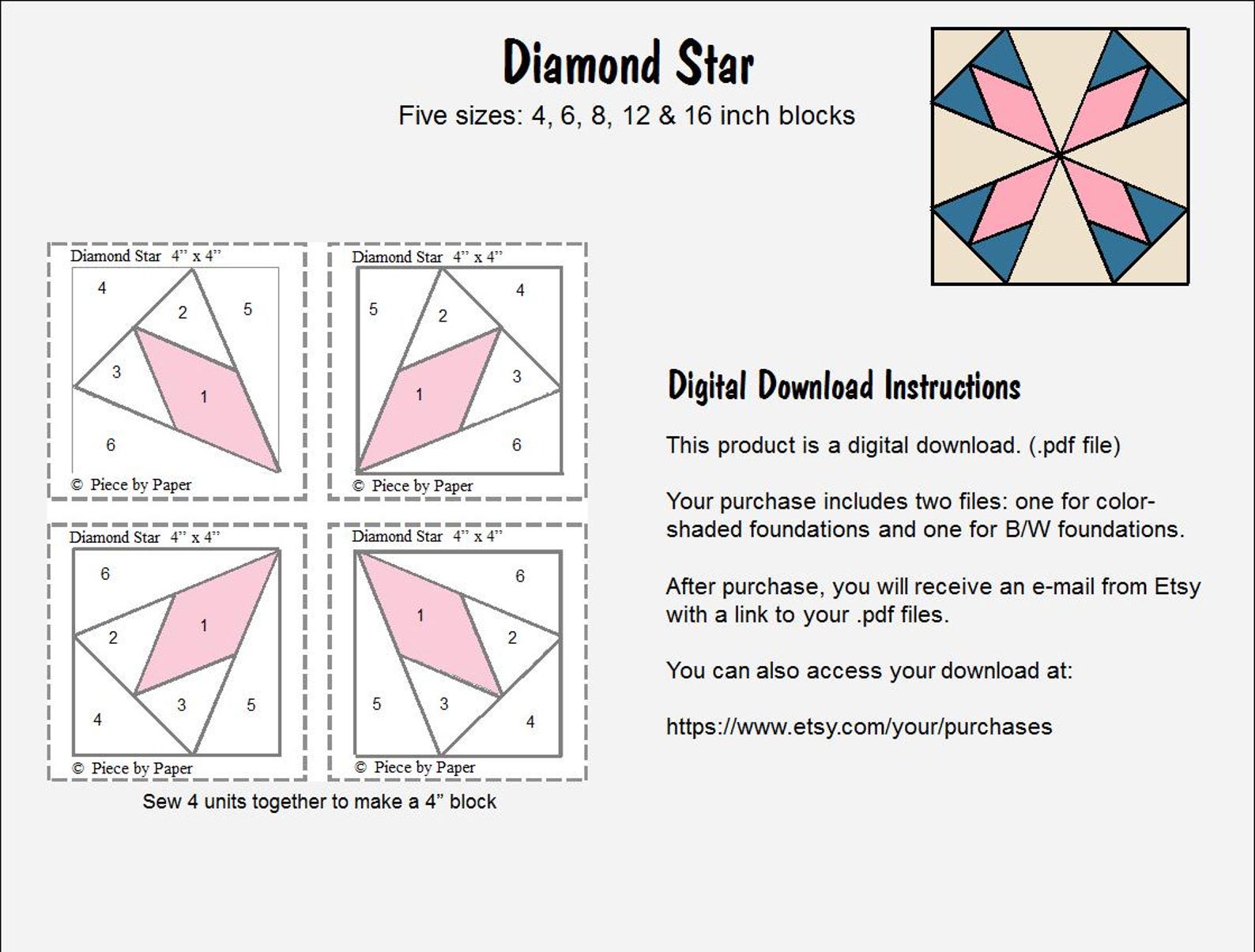 Diamond Star Quilt Block Pattern: Foundation Paper Piecing, 5 Sizes ...