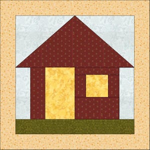 May include: A red and yellow patchwork quilt block depicting a house with a window and a door. The house is set against a green and white background.