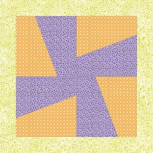 May include: A quilt block featuring a four-pointed star design. The star is crafted from purple fabric with a small floral pattern. The background is a light orange fabric with white polka dots.