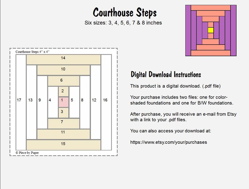 FPP Pattern: Courthouse Steps -- 6 Sizes, Foundation Paper-piecing ...