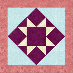 May include: A square quilt block with a central star design in deep purple, surrounded by cream triangles, set against a light blue background. The block is framed by a dotted pink border.