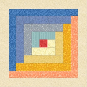 Op de afbeelding: Een traditioneel log cabin quiltblokpatroon met een rood middelste vierkant omgeven door gele, blauwe en oranje vierkanten met verschillende patronen.