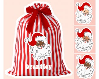 Personalized Santa Sack, Red and White Stripes, Diverse Skin Tones