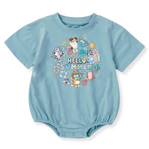 May include: Light blue baby romper with a round neckline and short sleeves. The front features a colorful graphic with the text "HELLO SUMMER" and cartoon characters enjoying summer activities like swimming and sunbathing.