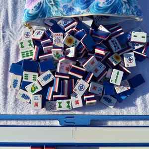 May include: A collection of Mahjong tiles spilling from a blue floral patterned bag. The tiles are white, blue, and red, with various symbols and Chinese characters. A blue Mahjong table is visible at the bottom.