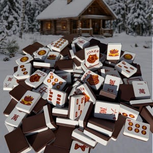 May include: A pile of Mahjong tiles with brown backs and white faces, featuring various symbols and characters. Some tiles display the word "JOKER" and other Chinese characters. The game pieces are scattered on a snowy surface.