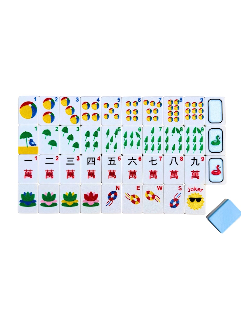 May include: A complete set of white Mahjong tiles with various colorful symbols and numbers. The tiles feature images of circles, bamboo, and characters. A blue tile is also included.