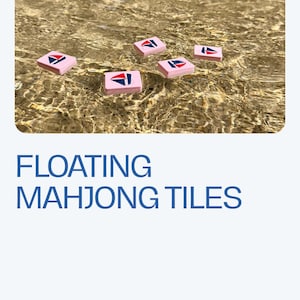 May include: Pink floating Mahjong tiles with a red, white, and blue design are scattered in shallow water. The image includes the text "Floating Mahjong Tiles" and "Shop Spools".