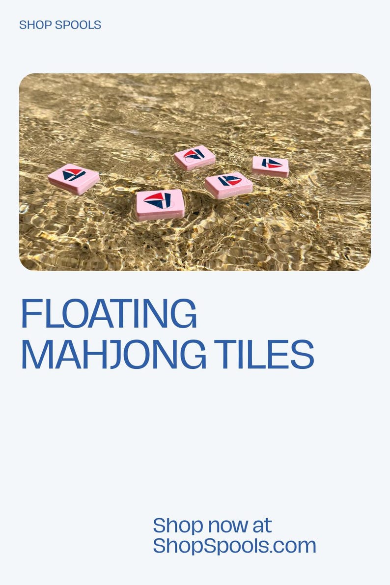 May include: Pink floating Mahjong tiles with a red, white, and blue design are scattered in shallow water. The image includes the text "Floating Mahjong Tiles" and "Shop Spools".
