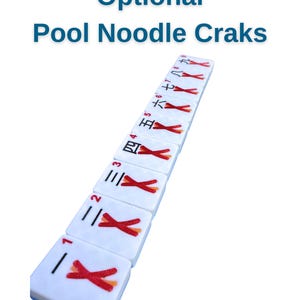 May include: White rectangular game tiles with red markings and Chinese characters. The tiles are arranged diagonally, with the text "Optional Pool Noodle Craks" in blue at the top.