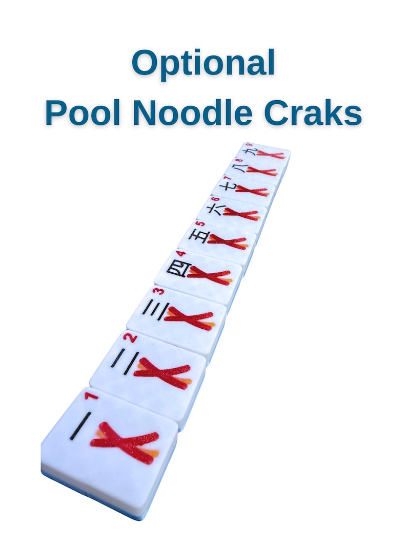 May include: White rectangular game tiles with red markings and Chinese characters. The tiles are arranged diagonally, with the text "Optional Pool Noodle Craks" in blue at the top.