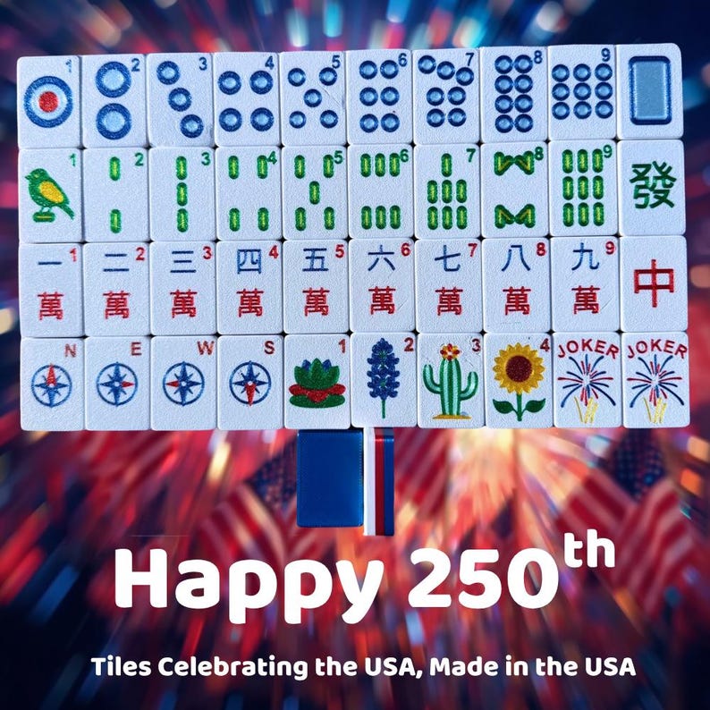 May include: A set of white Mahjong tiles with blue and green symbols and Chinese characters. The tiles are arranged in rows and columns. The image includes the text "Happy 250th" and "Tiles Celebrating the USA, Made in the USA".