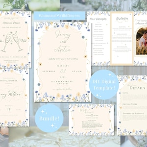 May include: A wedding invitation suite with a floral design featuring blue and yellow wildflowers. The suite includes a save the date, invitation, RSVP card, details card, and a bridal shower invitation. The text on the invitations reads "Jenny and Austin" and "The Wedding of Austin & Joan".