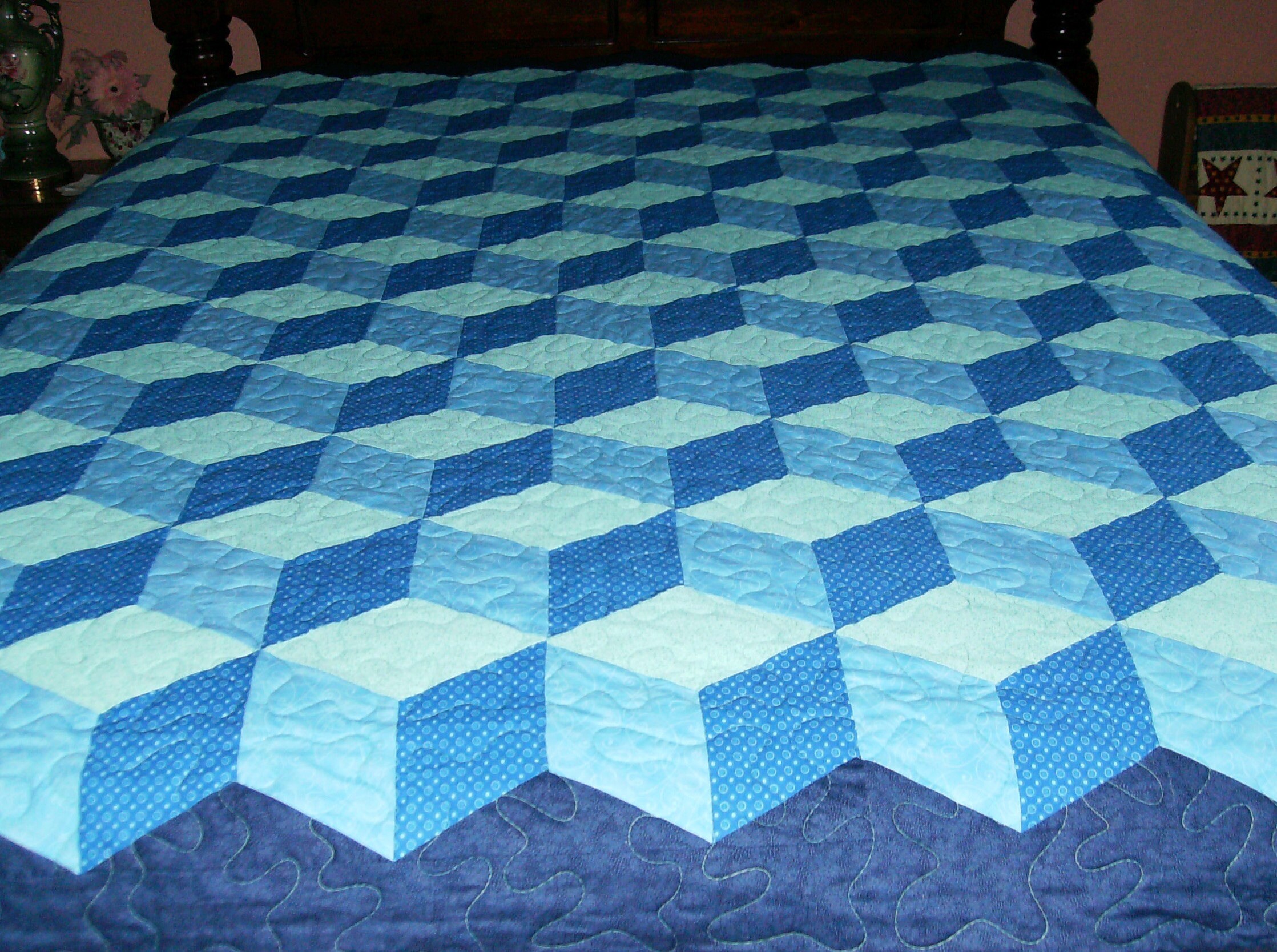 Tumbling Block Pattern Quilt Full Size Bedding Quilt Blue Etsy