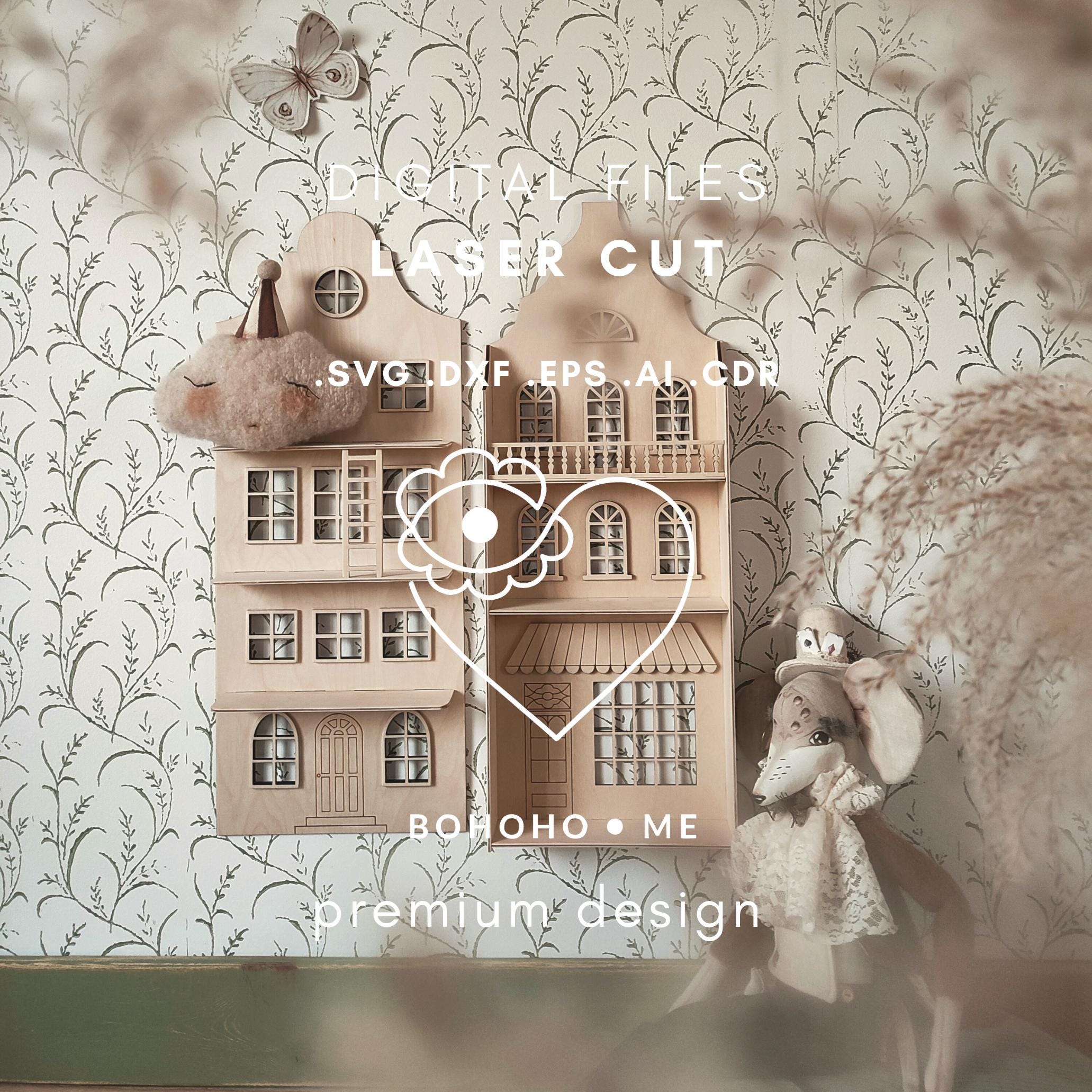 Set of City Houses SVG with Details • Ladders and Balconies • Wooden Dollhouses for Laser Cutting • Commercial License • Bohoho.me