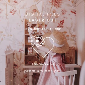 Op de afbeelding: Digitale bestanden voor lasersnijden, inclusief de formaten SVG, DXF, EPS, AI en CDR. Het ontwerp bevat een hart met een oog erin en de tekst "BOHOHO • ME premium design".
