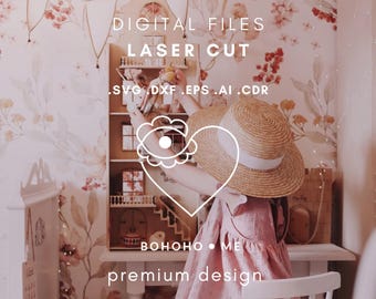 Shelf tenement SVG with details: shop, stairs, balcony, shutters • Laser-cut wall decoration for Maileg • Commercial license • Bohoho.me