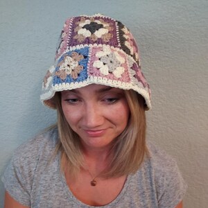 Crocheted Granny Square Bucket Hat, Cute Cotton Bucket Hat, Colorful Bucket Hat
