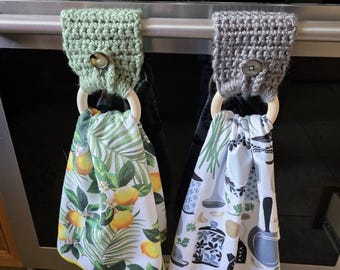Crocheted Towel Holder, Wooden Rings Tea Towel Holder, Kitchen Decor, Farmhouse Kitchen Decor