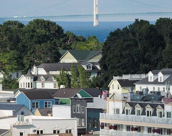 Mackinac Island Photography Print: Coastal Michigan Wall Art, Mackinac Bridge Photograph, Cityscape Photo