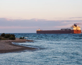 Straits of Mackinac Freighter Photographic Print, Summer Photography, Michigan Photography, Coastal Photography, Gift for Him, Him Original