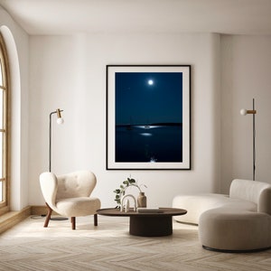 Blue wall art print of sailboat in the moonlight. Coastal photography print. Michigan photography. Photo taken from Mackinac Island in Michigan. Sailboat photography. Night photography print. Boat gifts for men. Man gift.