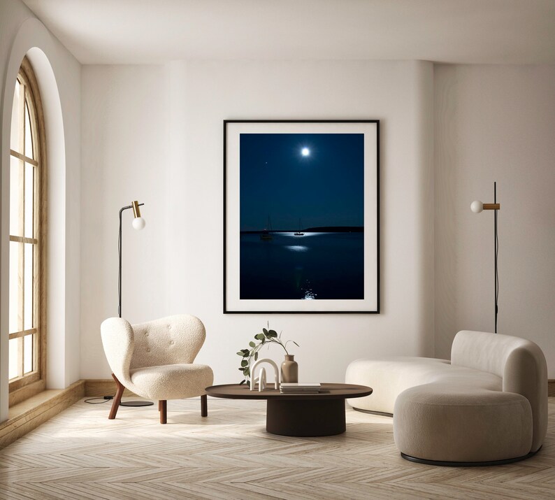 Blue wall art print of sailboat in the moonlight. Coastal photography print. Michigan photography. Photo taken from Mackinac Island in Michigan. Sailboat photography. Night photography print. Boat gifts for men. Man gift.