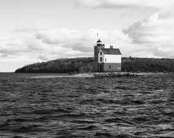 Round Island Lighthouse Print: Mackinac Island Black and White Photography