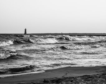 Michigan Lighthouse Photographic Print, Black and White Photography, Michigan Photography, Living Room Wall Art, Gift for Him, Gift for Her