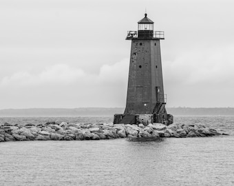 Manistique Lighthouse Print: Lake Michigan Black and White Wall Art