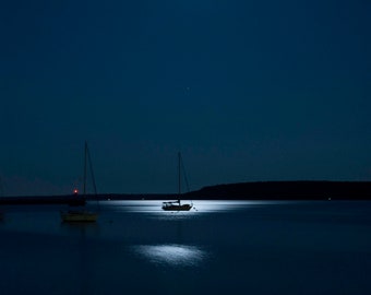 Mackinac Island Sailboat Print: Night Photography, Coastal Wall Art, Moon Photograph